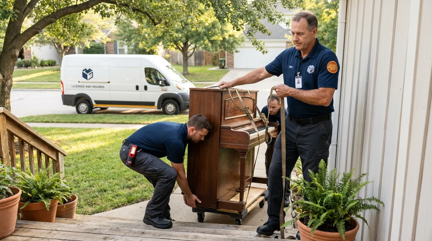 Licensed piano movers securing grand piano in Pekin, IL