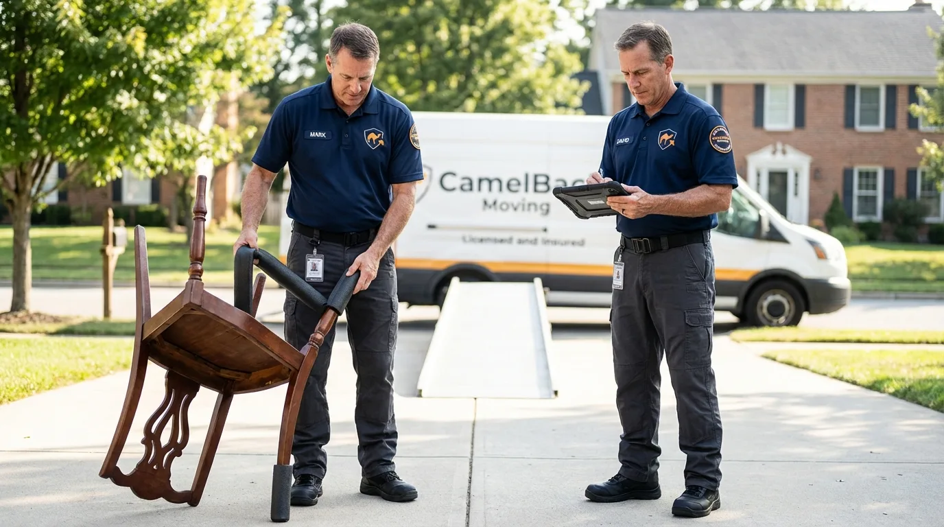 Movers inspecting furniture for damage prevention before loading in Pekin, IL