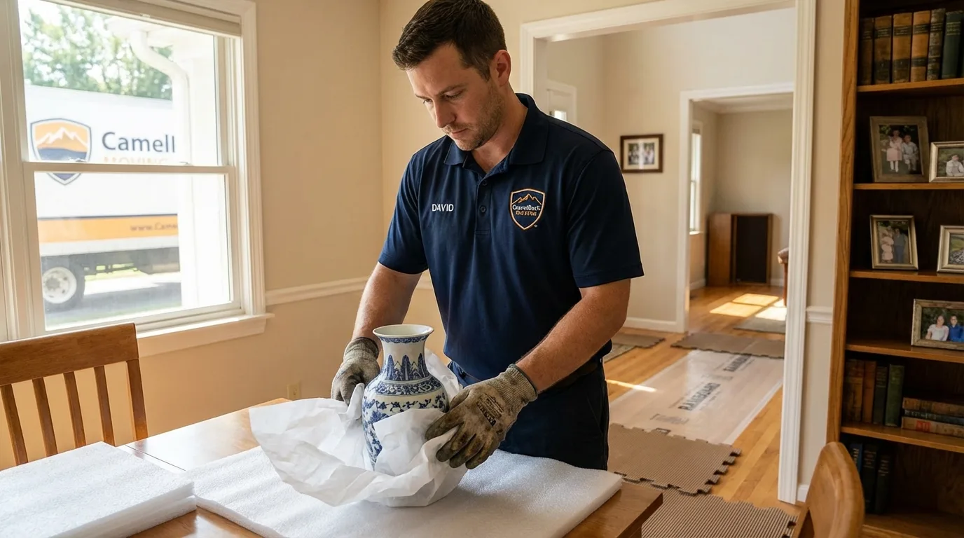 Professional crew carefully wrapping antique vase for senior downsizing move in Pekin, IL